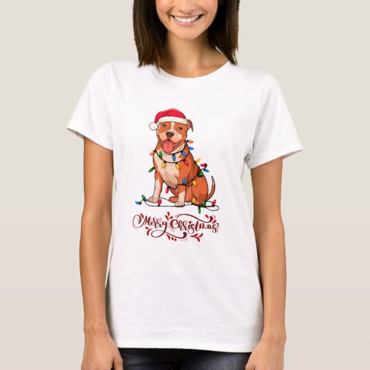 Amerikaanse Pit Bull Terrier Kerstverlichting Xmas T-shirt (Voorkant)