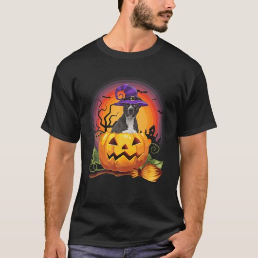 Amerikaanse Pit Bull Witch Pumpkin Halloween Dog T-shirt (Voorkant)