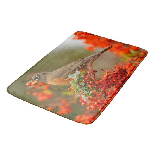 Amerikaanse Robin met een Pyracantha Pomme Badmat (Gekanteld)