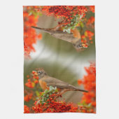 Amerikaanse Robin met een Pyracantha Pomme Theedoek (Verticaal)