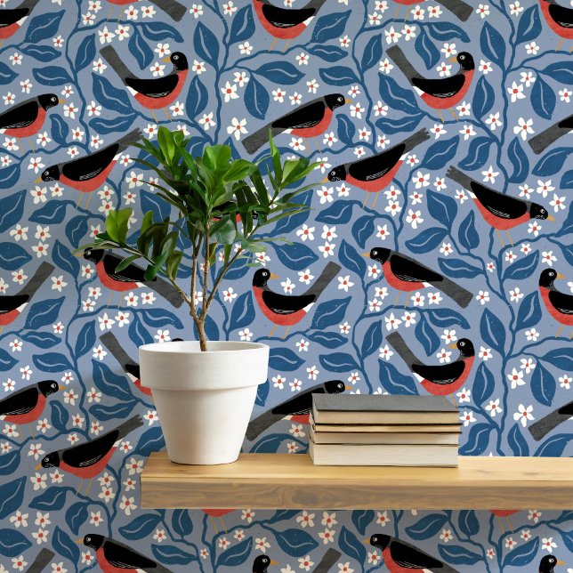 Amerikaanse Roodborst Appelbloesem Vogel Bloem Behang (American robin redbreast bird apple blossom flower trailing branches foliage blue wallpaper)