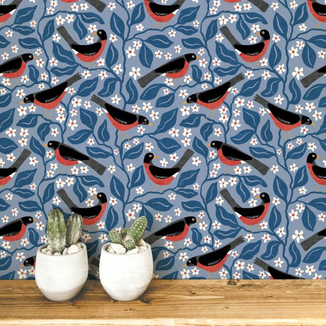Amerikaanse Roodborst Appelbloesem Vogel Bloem Behang (Creator heeft geüpload)