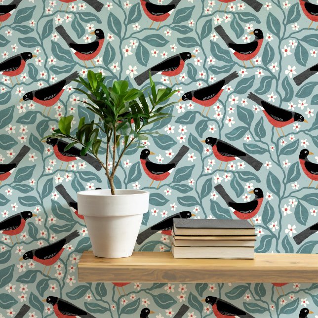 Amerikaanse Roodborst Appelbloesem Vogel Bloem Gro Behang (American robin redbreast apple blossom bird flower arts and crafts block print style wallpaper)