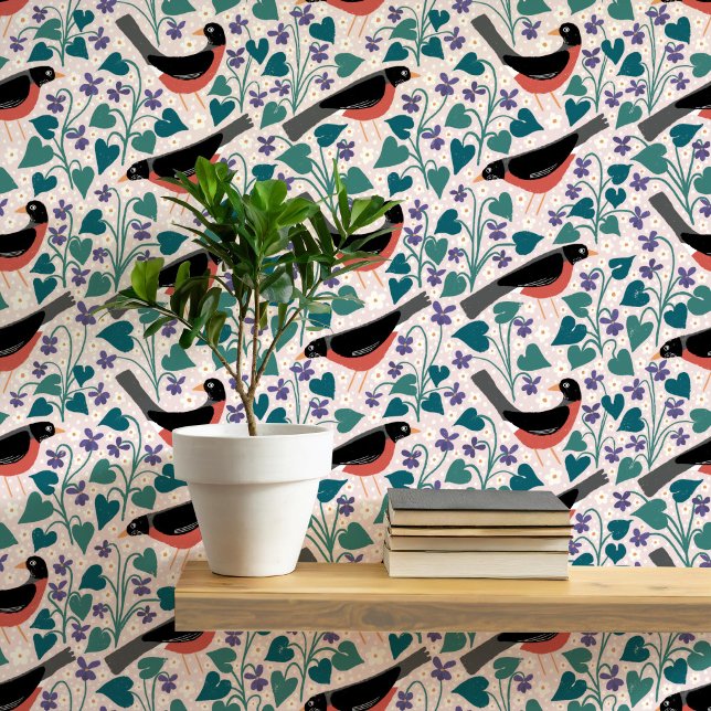 Amerikaanse Roodborst Violet Anemoon Vogel Bloem Behang (American robin redbreast wood violet anemone wildflower arts and crafts style wallpaper)