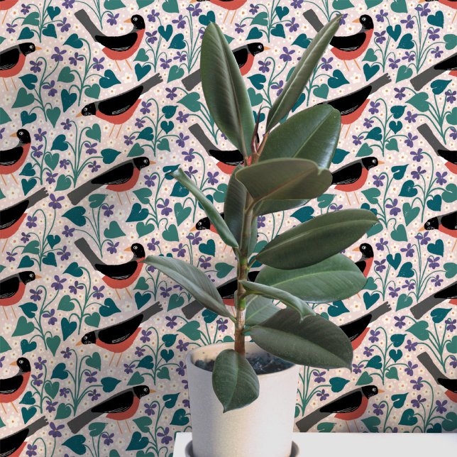 Amerikaanse Roodborst Violet Anemoon Vogel Bloem Behang (American robin redbreast wood violet anemone wildflower arts and crafts style wallpaper)