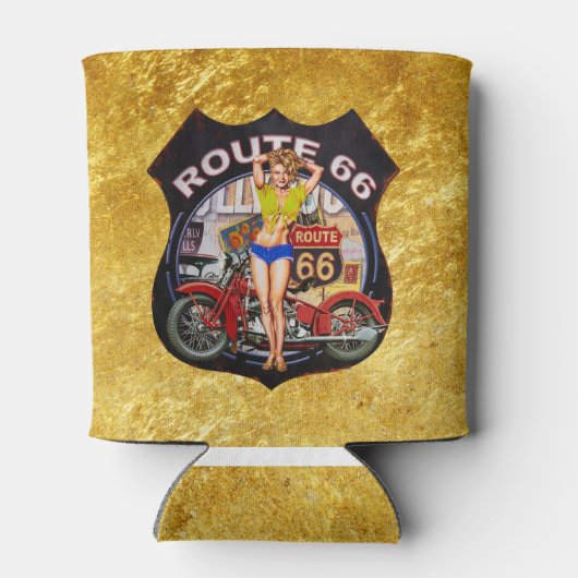 Amerikaanse route 66 motorfiets- en goudtextuur blikjeskoeler (Achterkant)