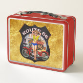 Amerikaanse route 66 motorfiets met een gouden tex (Achterkant)