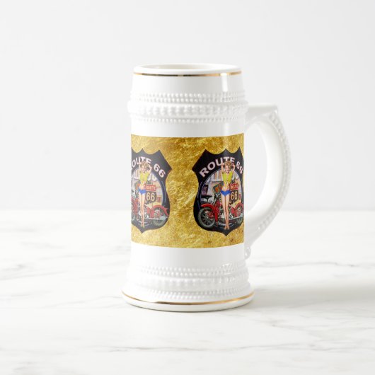 Amerikaanse route 66 motorfiets met een gouden tex bierpul (Voorkant rechts)