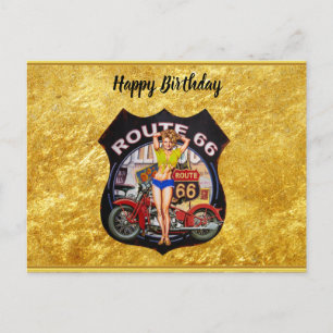 Amerikaanse route 66 motorfiets met een gouden tex briefkaart