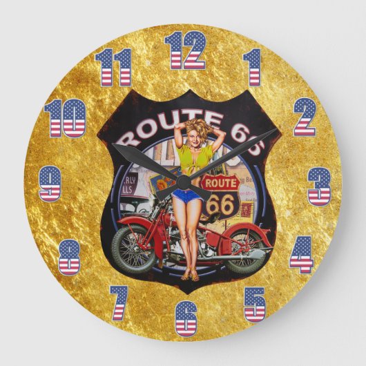 Amerikaanse route 66 motorfiets met een gouden tex grote klok (Voorkant)