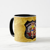 Amerikaanse route 66 motorfiets met een gouden tex mok (Voorkant links)