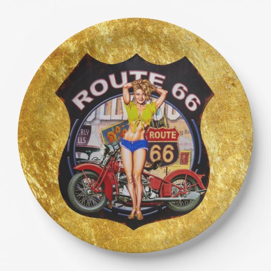 Amerikaanse route 66 motorfiets met een gouden tex papieren bordje (Voorkant)