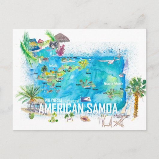 Amerikaanse Samoa Illustrated Island Travel Map Briefkaart (Voorkant)