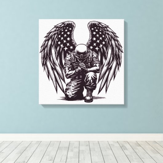 Amerikaanse soldaat engel bidt Amerikaanse vlag ku Canvas Afdruk (Insitu (Houten vloer))