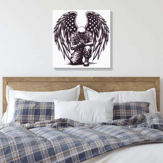 Amerikaanse soldaat engel bidt Amerikaanse vlag ku Canvas Afdruk (Insitu (Slaapkamer))
