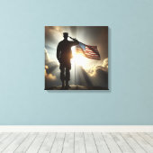 Amerikaanse soldaat groet Amerikaanse vlag Canvas Afdruk (Insitu (Houten vloer))