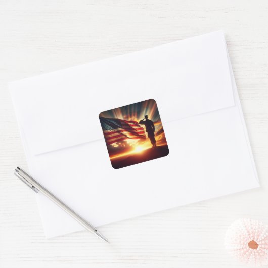 Amerikaanse soldaat groet de vlag vierkante sticker (Envelop)