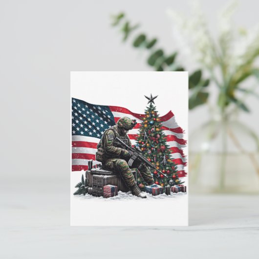 Amerikaanse Soldaat VS Vlag Kerstboom Art Briefkaart (Staand voorkant)