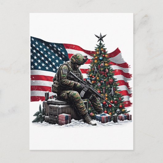 Amerikaanse Soldaat VS Vlag Kerstboom Art Briefkaart (Voorkant)