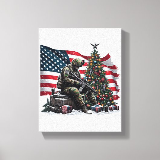 Amerikaanse Soldaat VS Vlag Kerstboom Art Canvas Afdruk (Voorkant)