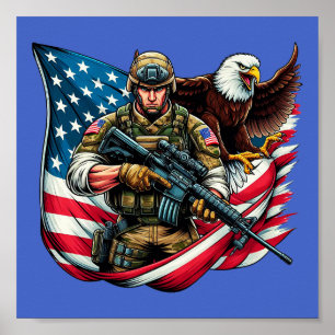 Amerikaanse Soldier Eagle USA Vlag Patriottische K Poster