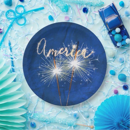 Amerikaanse Sparkler op blauw leder Papieren Bordje (Feest)