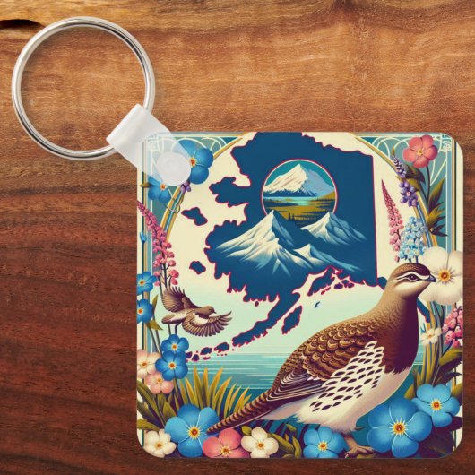 Amerikaanse staat Alaska's vogel- en bloemontwerp Sleutelhanger (Voorkant)