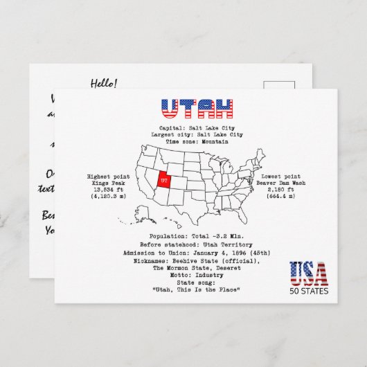 Amerikaanse staat op een kaart en nuttige informat (Voorkant / Achterkant)