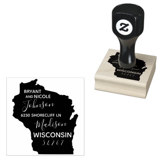 Amerikaanse staat Wisconsin Kaart Retouradres Wood Rubberstempel (Gestempeld)