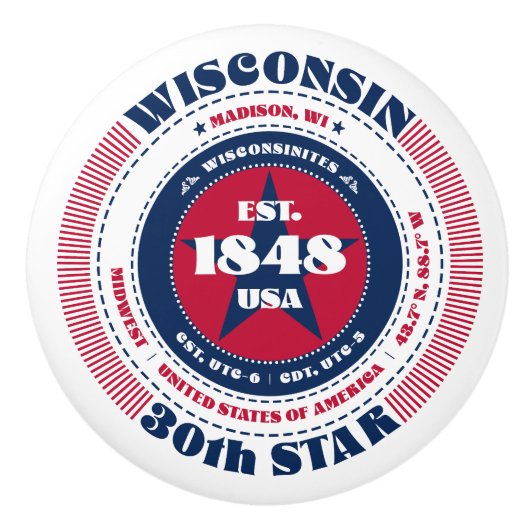 Amerikaanse staat Wisconsin Rood Wit Blauw Typogra Keramische Knop (Voorkant)
