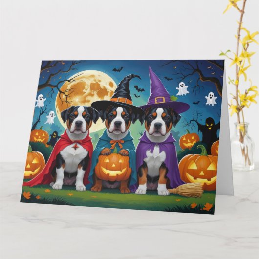 Amerikaanse Staffordshire Dog Pumpkin Halloween Fu Kaart (Gele Bloem)