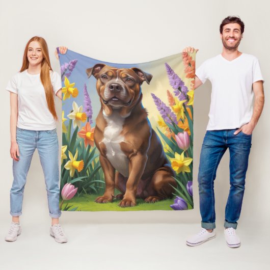 Amerikaanse Staffordshire Dog Spring Bloemen Schil Fleece Deken (In situ)