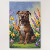Amerikaanse Staffordshire Dog Spring Bloemen Schil Legpuzzel (Verticaal)