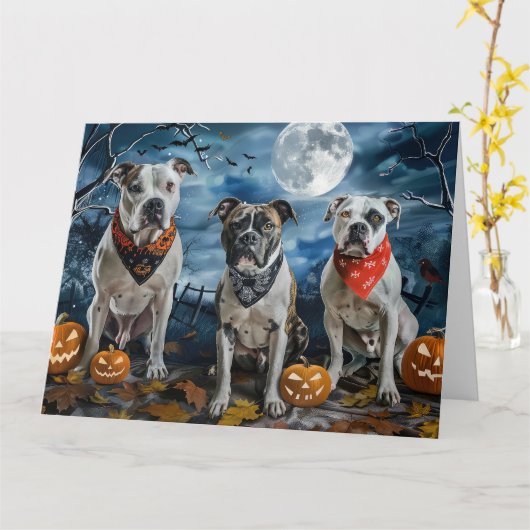 Amerikaanse Staffordshire Halloween Spooky Kaart (Gele Bloem)