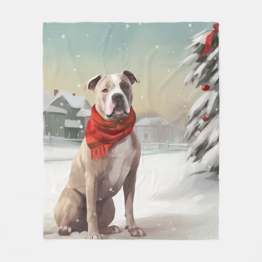Amerikaanse Staffordshire Hond in Sneeuw Kerstmis Fleece Deken (Voorkant)