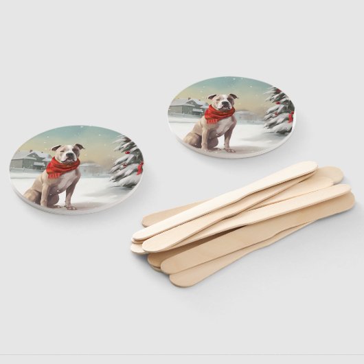 Amerikaanse Staffordshire Hond in Sneeuw Kerstmis Handwaaier (Niet-gemonteerd)