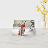 Amerikaanse Staffordshire Hond in Sneeuw Kerstmis Kaart (Gele Bloem)