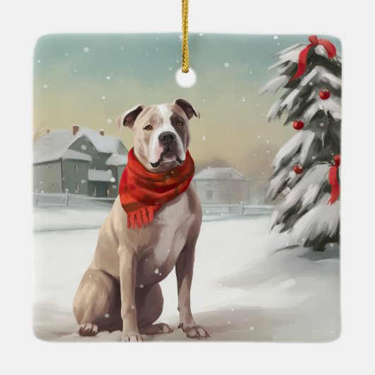 Amerikaanse Staffordshire Hond in Sneeuw Kerstmis Keramisch Ornament (Achterkant)