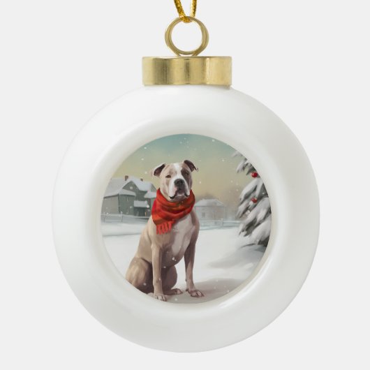 Amerikaanse Staffordshire Hond in Sneeuw Kerstmis Keramische Bal Ornament (Voorkant)