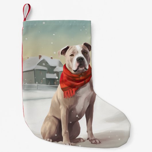Amerikaanse Staffordshire Hond in Sneeuw Kerstmis Kleine Kerstsok (Voorkant)