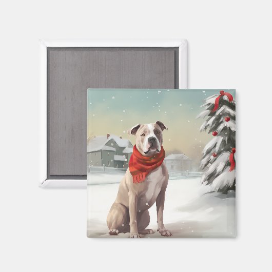 Amerikaanse Staffordshire Hond in Sneeuw Kerstmis Magneet (Voorkant / Achterkant)