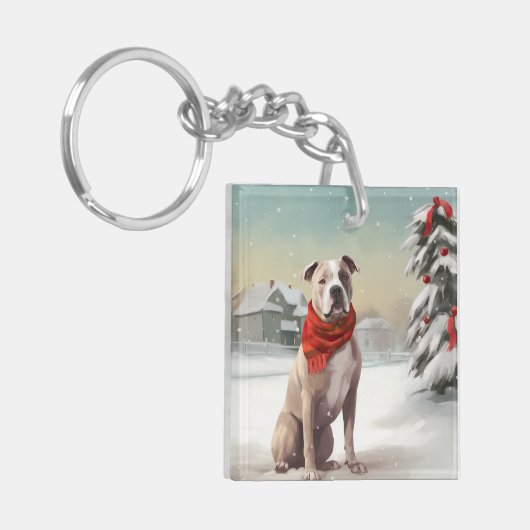 Amerikaanse Staffordshire Hond in Sneeuw Kerstmis Sleutelhanger (Voorkant Links)