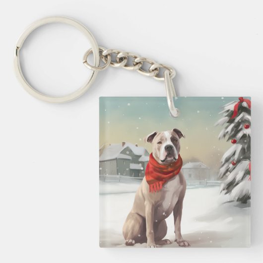 Amerikaanse Staffordshire Hond in Sneeuw Kerstmis Sleutelhanger (Voorkant)