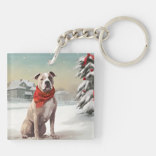 Amerikaanse Staffordshire Hond in Sneeuw Kerstmis Sleutelhanger (Achterkant)