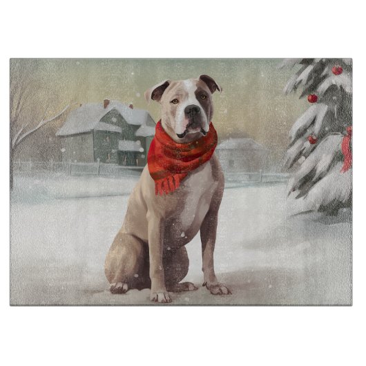 Amerikaanse Staffordshire Hond in Sneeuw Kerstmis Snijplank (Voorkant)