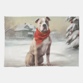 Amerikaanse Staffordshire Hond in Sneeuw Kerstmis Theedoek (Horizontaal)