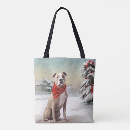 Amerikaanse Staffordshire Hond in Sneeuw Kerstmis Tote Bag (Achterkant)