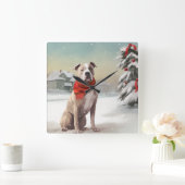 Amerikaanse Staffordshire Hond in Sneeuw Kerstmis Vierkante Klok (Huis)