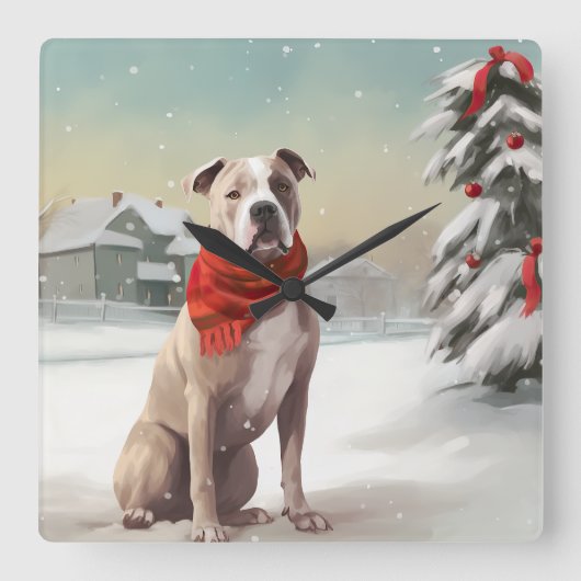 Amerikaanse Staffordshire Hond in Sneeuw Kerstmis Vierkante Klok (Voorkant)