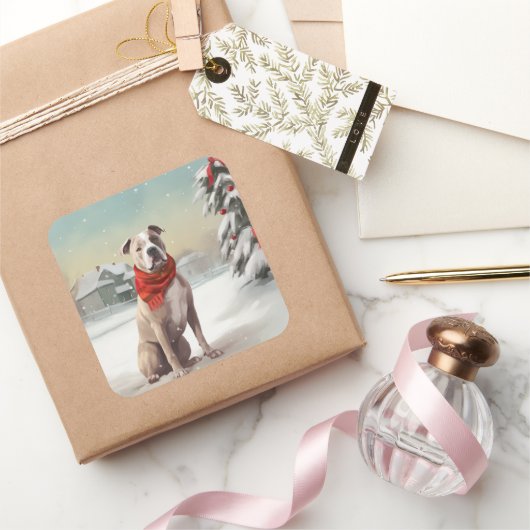 Amerikaanse Staffordshire Hond in Sneeuw Kerstmis Vierkante Sticker (Geschenken)